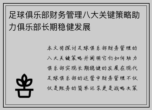 足球俱乐部财务管理八大关键策略助力俱乐部长期稳健发展